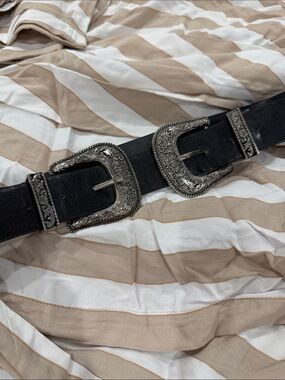 Urban Outfitters Black Double Western Buckle Belt with Silver Hardware